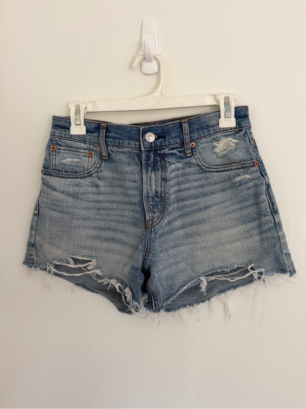 American Eagle Outfitters Light Blue High-Rise Distressed Jean Shorts
